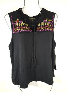 Neu Damen Shirt XL schwarz bestickt Bindekragen ärmellos Top Bluse Neu mit Etikett - Bild 1 von 10