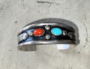 J. Begay Navajo Sterling Coral Turquoise Cuff Bracelet Feather Design Heavy - Picture 1 of 8