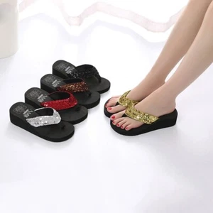 Wedge Flip Flop Sandals for Women Black Platform Sparkle Flip Flops Ladies Dress - Picture 1 of 34