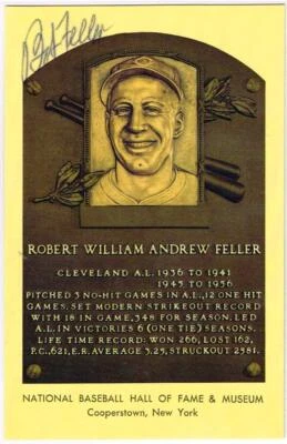 026, Original Autograph PSA/DNA of Bob Feller (6), HOF Plaque Postcard, Indians - Image 1 of 3