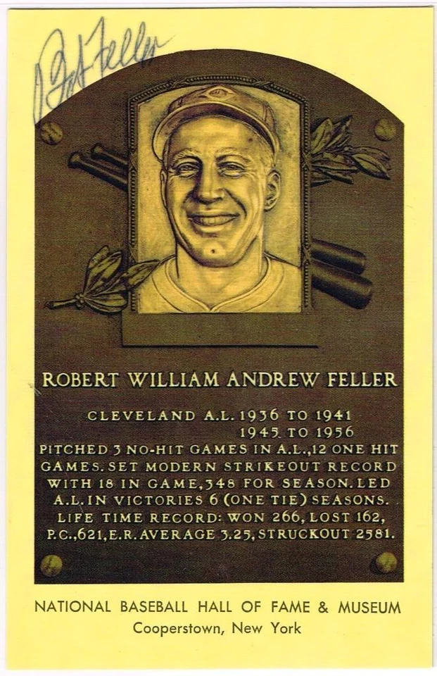 026, Original Autograph PSA/DNA of Bob Feller (6), HOF Plaque Postcard, Indians - Image 1 of 3