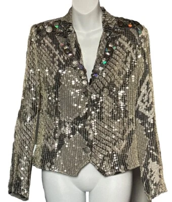 Jaqueta de lantejoulas vintage Sandy Starkman cinza S arte vestível ombreiras boho glam - Imagem 1 de 4