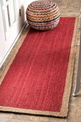 Jute Rug Runner Natural Rectangle Area Rug in Rustic Floor Mat- Red + Beige - Image 1 of 4