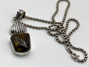 Sterling Silver 925 Pendant Necklace Tiger Eye Acorn Design 15.83g - Picture 1 of 9