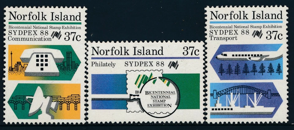 1987-1988 NORFOLK ISLAND SYDPEX 88 AUSTRALIA BICENTENÁRIO CONJUNTO DE 3 EM PERFEITO ESTADO, SEM MARCA DE CHARNEIRA - Imagem 1 de 1