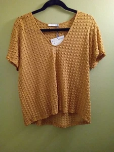 Woman's M Zara Eyelet Crochet Scallop Hem Collar Top Mustard Boho Office Nwt - Picture 1 of 4