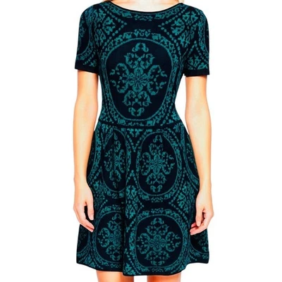 Vestido Suéter Romeo & Juliet Couture Teal Negro Damasco Tejido Talla L Foto 1 de 4