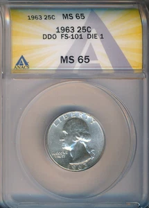 1963 WASHINGTON SILVER QUARTER MINT ERROR DDO FS-101 DIE 1 **ANACS MS 65** - Picture 1 of 2