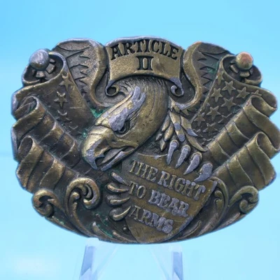 VINTAGE ARTICLE II THE RIGHT TO BEAR ARMS- EAGLE FLAG BRASS BELT BUCKLE VG+ COND - Image 1 of 2
