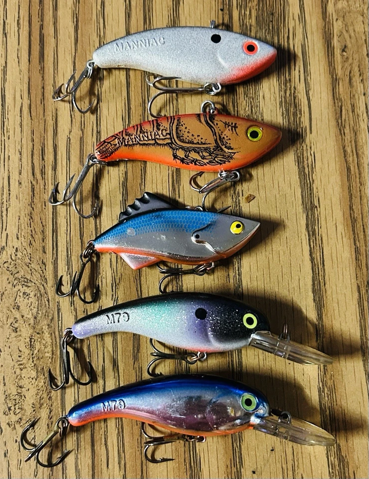 Mixed Mann’s Crankbait Lure Lot (5) Maniac Finn Mann Wally Trac Model 79 - Image 1 of 4