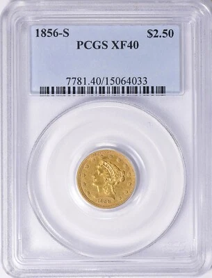 1856-S LIBERTY HEAD $2.5 QUARTER EAGLE GOLD PCGS XF40 - Image 1 of 3