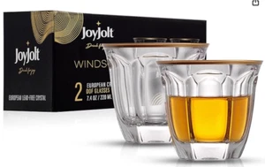 JoyJolt Windsor Gold Rim Double Old Fashioned Glass Whiskey Set. 2 Crystal Bar - Picture 1 of 1