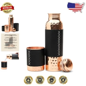 Authentic 34oz Ayurvedic Copper Bottle & Tumbler with Leather Sleeve, Leak-Proof - Picture 1 of 10