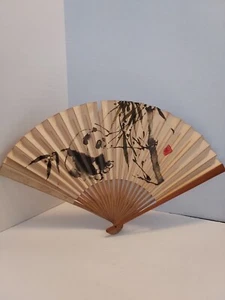 Vintage Bamboo Panda Folding Hand Fan Boho Decor - Picture 1 of 8