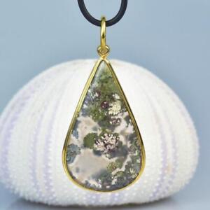 Pendant Gold Vermeil Sterling Silver Picture Pattern Moss Agate Cabochon 10.00 g