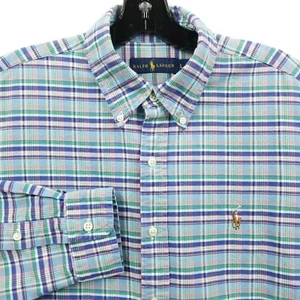 Ralph Lauren Men Shirt L Blue Madras Plaid Oxford Button Down Pony Long Sleeve - Picture 1 of 11