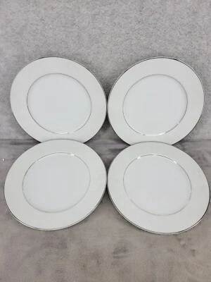 Juego de 4 platos de ensalada vintage Sango Arles 3630 diseño grabado blanco borde plateado 8" Foto 1 de 4