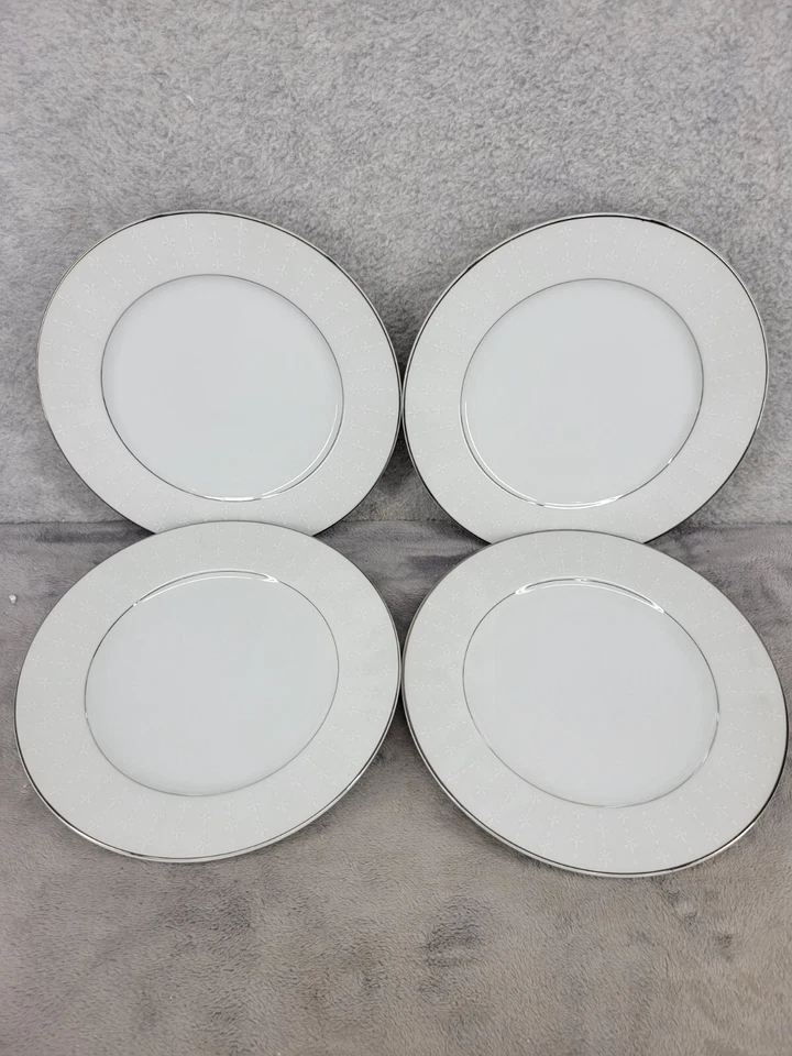 Set of 4 Vintage Sango Arles 3630 Salad Plate White Etched Design Silver Trim 8" - Image 1 of 4
