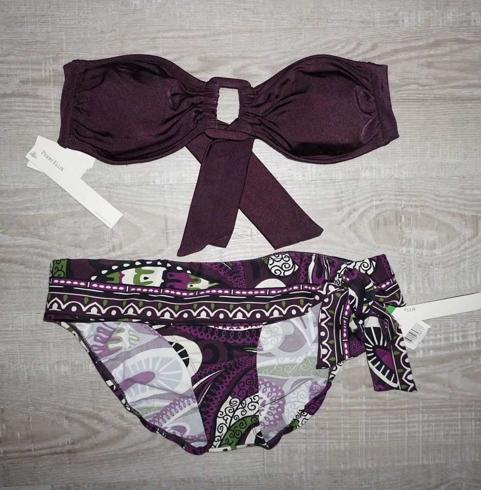 Perry Ellis Size Bikini Purple Plum Top Bottoms Large Boho - Image 1 of 2