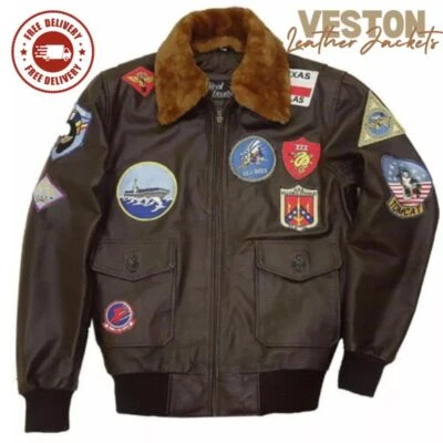 TOP GUN MAVERICK TOM CRUISE GIACCA PELLE MARRONE SCURO AVIATORE VOLO PELLICCIA COLLARE - Immagine 1 di 4