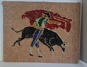 Vintage Midcentury Gravel Art Matador Bull Fighter MCM 14"X18" - Foto 1 di 12