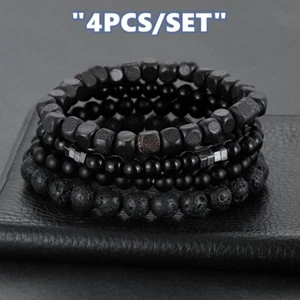 4Pcs Men Bracelets Set Vintage Black Onyx Agat Stone Beds Bangle Stretch Jewelry - Picture 1 of 11