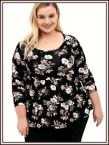 Babydoll TORRID (3X 22-24) Negro Floral Acanalado Dobladillo Fruncido Top Cuchara Mangas Largas - Imagen 1 de 5