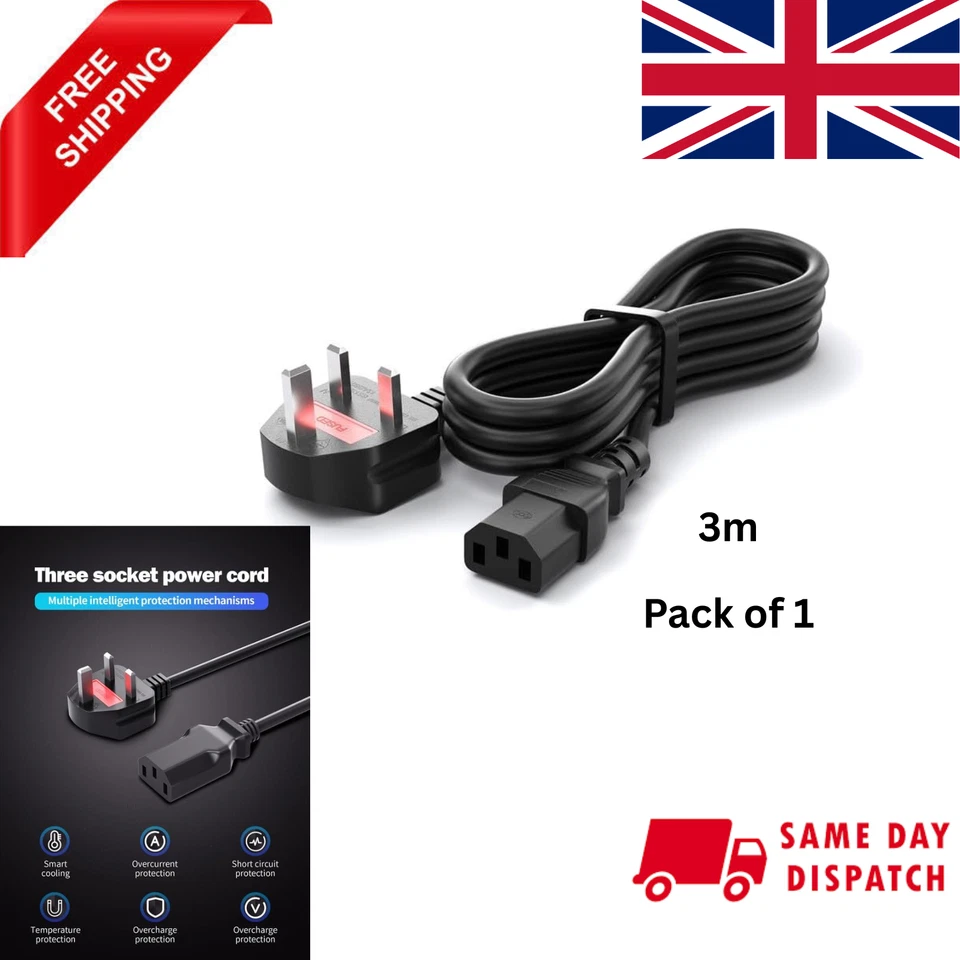 CYD 3 Prong Power Cable AC Power Cord 10ft Cable For Computer,PC,Monitor,SONY,TV - Image 1 of 4