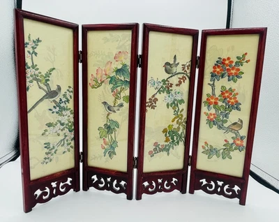 Vintage Asian Silk Hand-Painted Table Folding Screen Panel Birds Floral 12” Tree - Image 1 of 4