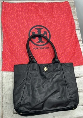 Tory Burch Black Leather Canvas Side Tote Bag - Image 1 of 4