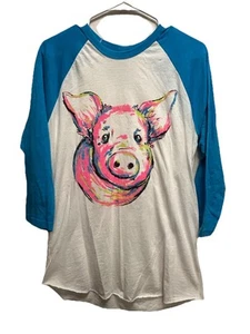 Crazy Train Women’s Md Baseball Graphic Pig Top Shirt Neon 3/4 Sleeve White Blue - Picture 1 of 4