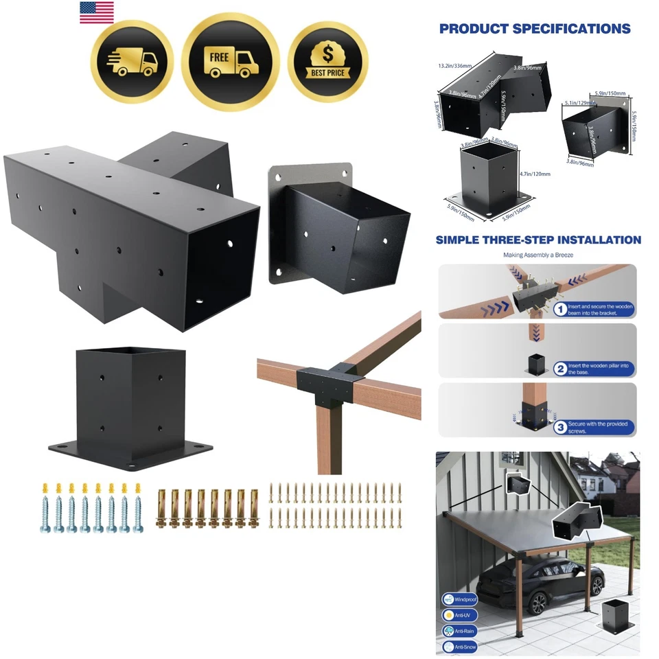 Pergola Kit Slanted Roof Bracket Set Wall Mount Metal Hardware 4x4 Inch - Image 1 of 4