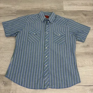 Vintage Rustler Azul Verde Rayas Manga Corta Perla A Presión Para Hombre Grande Cola Larga - Imagen 1 de 7