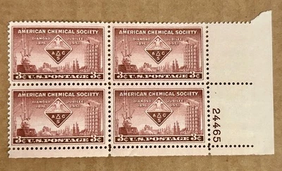 Scott #1002, 1951 American Chemical Society, USPS 3¢ Block , MNH/OG, VF/XF - Image 1 of 2