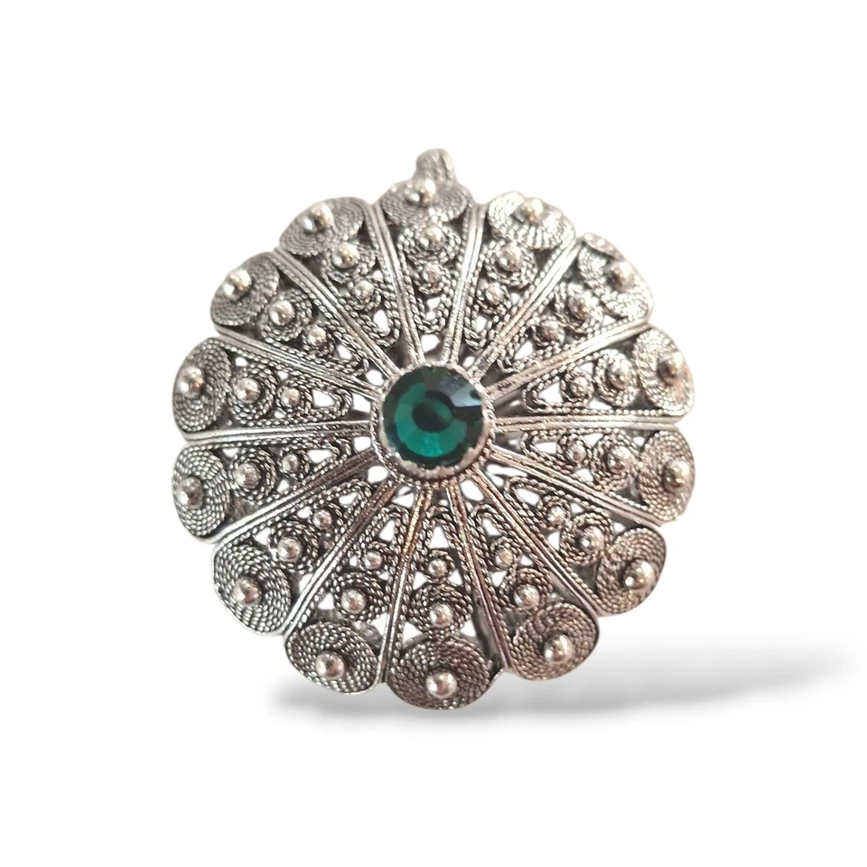 Ciondolo Pendente Bottone Sardo Filigrana in Argento Cristallo verde Su Buttoni - Immagine 1 di 4