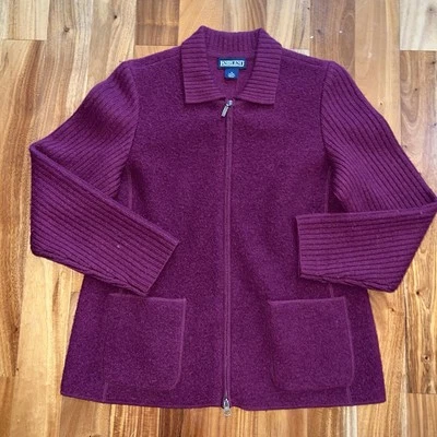 Lands End 100% Wool Purple Zip Cardigan Sweater. Petite 8. Vintage  - Image 1 of 4