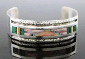 1975 Alrit Halote Zuni Native American Sterling Silver Micro Inlay Cuff Bracelet - Picture 1 of 8