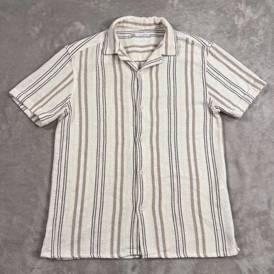 Zara Shirt Mens Small Beige Striped Summer Knit Vacation Button Up Short Sleeve - Image 1 of 4