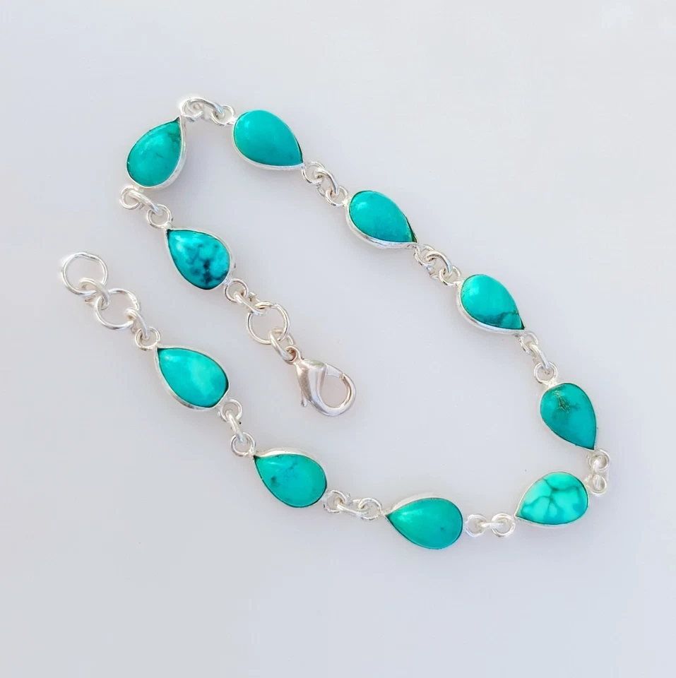 Natural Turquoise Gemstone Bracelet 925 Sterling Silver Handmade Jewelry - Image 1 of 4