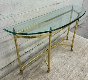 Vintage Mid Century Labarge Style Brass and Glass Demilune Console or Hall Table - Picture 1 of 17