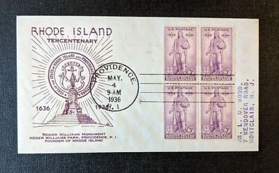 1936 Rhode Island Tercentenary FDC 777 22 Cover to Montclair New Jersey - Image 1 of 2