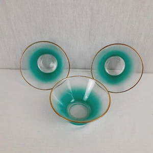 MCM Blendo Set of 3 Vintage Glass Bowls Teal & Clear with Gold Rim Edge LOT - Picture 1 of 20