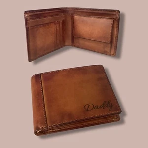 Personalised RFID Brown Mens Antique Leather Wallet - Engraved Daddy Gift - Picture 1 of 6