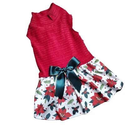 Fitwarm Dog Size Large Pet Dress With Holiday Poinsettia Print and Green Bow - Image 1 of 4