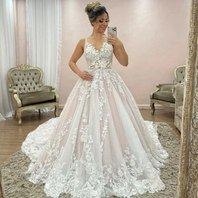 Vestidos de novia blancos y rosas sexy cuello en V apliques de encaje línea A tul vestido de novia Foto 1 de 4