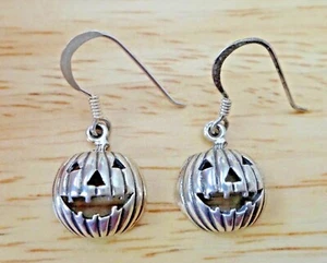 Sterling Silver Halloween 12x14mm Jack-O-Lantern Charms on 15mm wire Earrings - Picture 1 of 2