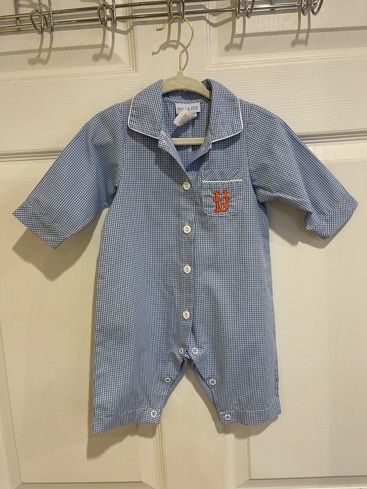 VIVE LA FETE Infant Boys 1-Piece Outfit Size 6 Months “H” Blue Plaid Pocket - Image 1 of 4