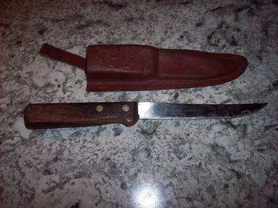 Cuchillo de filete de pescado artesanal vintage EE. UU. mango de madera hoja de 6" + una funda de cuero Foto 1 de 4