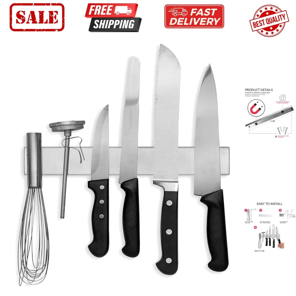 12” Magnetic Knife Bar - Durable Stainless Steel Knife Block for Wall or Refrige