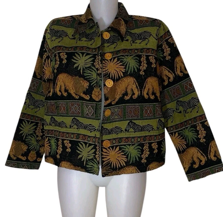 VINTAGE Natural Tapestry Jacket Women Size Medium Zoo Safari Animals 90s Tiger - Image 1 of 4